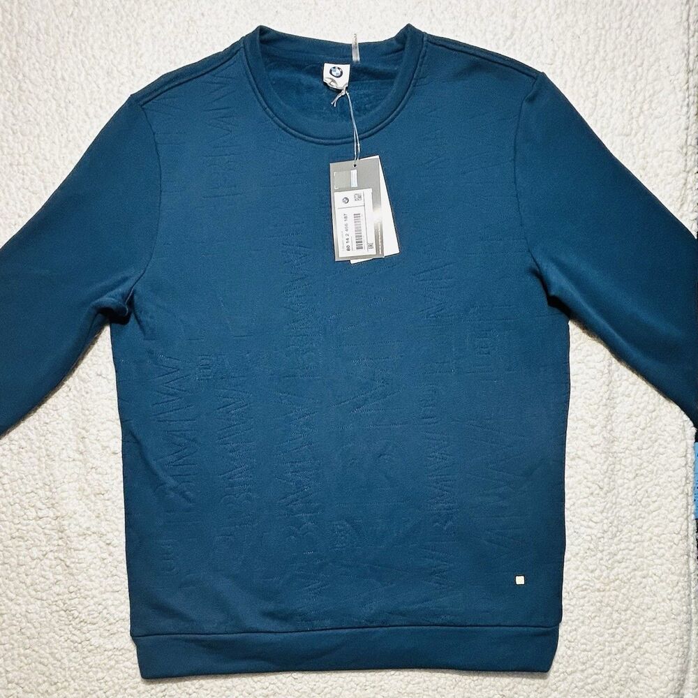 BMW Lifestyle Men's Petrol Blue Embossed Logo Jacquard Sweatshirt Size L NWT